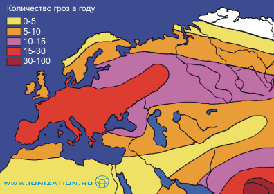 Неравномерность распределения атмосферно-электрических явлений на поверхности Земли (Европа, часть Азии и Африки). На карте изображено годовое число гроз в различных участках.